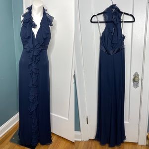 Marchesa Notte Womens Maxi Gown Size 0 100% Silk Organza Ruffle Navy Blue